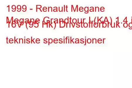 1999 - Renault Megane
Megane Grandtour I (KA) 1.4 i 16V (95 Hk) Drivstofforbruk og tekniske spesifikasjoner