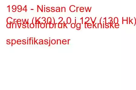 1994 - Nissan Crew
Crew (K30) 2.0 i 12V (130 Hk) drivstofforbruk og tekniske spesifikasjoner