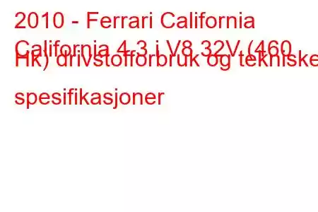 2010 - Ferrari California
California 4.3 i V8 32V (460 Hk) drivstofforbruk og tekniske spesifikasjoner