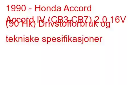 1990 - Honda Accord
Accord IV (CB3,CB7) 2.0 16V (90 Hk) Drivstofforbruk og tekniske spesifikasjoner