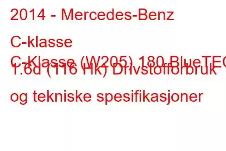 2014 - Mercedes-Benz C-klasse
C-Klasse (W205) 180 BlueTEC 1.6d (116 Hk) Drivstofforbruk og tekniske spesifikasjoner