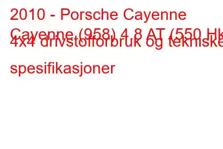 2010 - Porsche Cayenne
Cayenne (958) 4.8 AT (550 Hk) 4x4 drivstofforbruk og tekniske spesifikasjoner