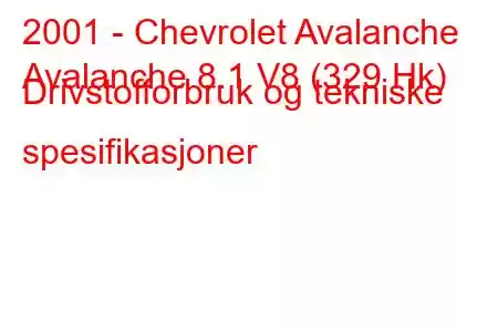 2001 - Chevrolet Avalanche
Avalanche 8.1 V8 (329 Hk) Drivstofforbruk og tekniske spesifikasjoner