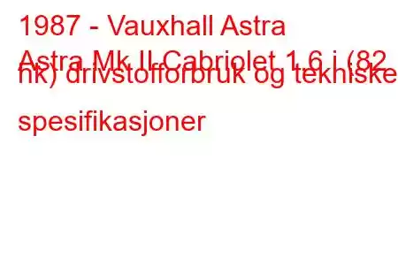 1987 - Vauxhall Astra
Astra Mk II Cabriolet 1.6 i (82 hk) drivstofforbruk og tekniske spesifikasjoner