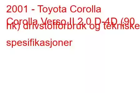 2001 - Toyota Corolla
Corolla Verso II 2.0 D-4D (90 hk) drivstofforbruk og tekniske spesifikasjoner