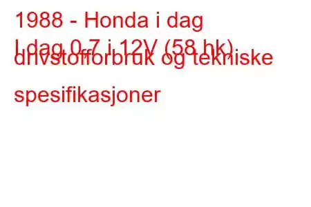 1988 - Honda i dag
I dag 0,7 i 12V (58 hk) drivstofforbruk og tekniske spesifikasjoner