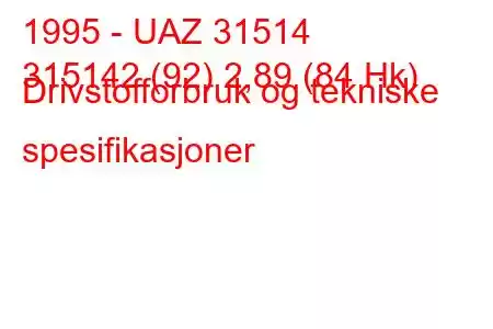 1995 - UAZ 31514
315142 (92) 2,89 (84 Hk) Drivstofforbruk og tekniske spesifikasjoner