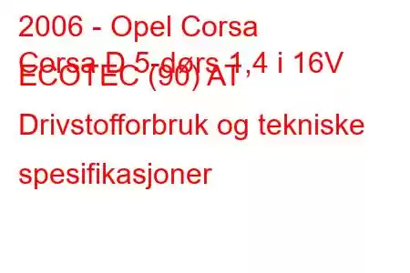 2006 - Opel Corsa
Corsa D 5-dørs 1,4 i 16V ECOTEC (90) AT Drivstofforbruk og tekniske spesifikasjoner