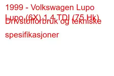 1999 - Volkswagen Lupo
Lupo (6X) 1,4 TDI (75 Hk) Drivstofforbruk og tekniske spesifikasjoner