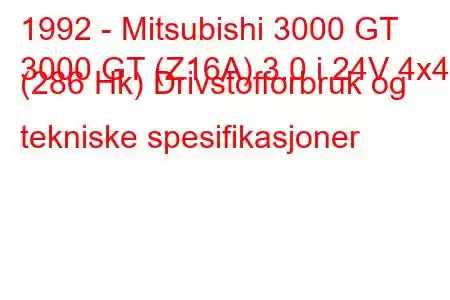 1992 - Mitsubishi 3000 GT
3000 GT (Z16A) 3.0 i 24V 4x4 (286 Hk) Drivstofforbruk og tekniske spesifikasjoner