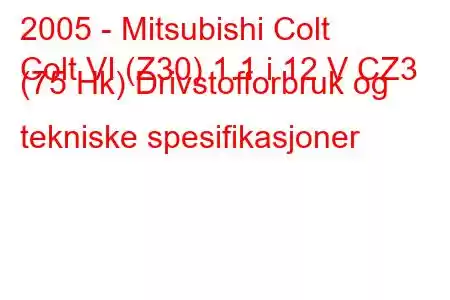 2005 - Mitsubishi Colt
Colt VI (Z30) 1.1 i 12 V CZ3 (75 Hk) Drivstofforbruk og tekniske spesifikasjoner