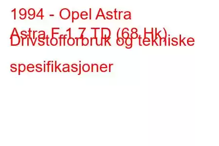 1994 - Opel Astra
Astra F 1.7 TD (68 Hk) Drivstofforbruk og tekniske spesifikasjoner