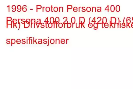 1996 - Proton Persona 400
Persona 400 2.0 D (420 D) (65 Hk) Drivstofforbruk og tekniske spesifikasjoner