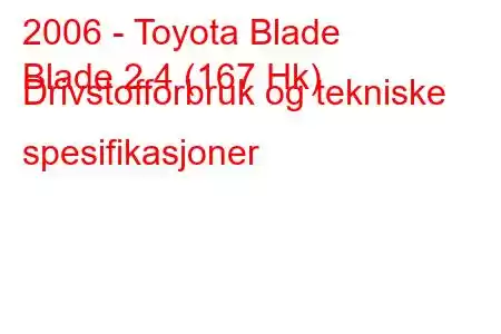 2006 - Toyota Blade
Blade 2.4 (167 Hk) Drivstofforbruk og tekniske spesifikasjoner