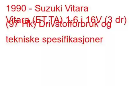 1990 - Suzuki Vitara
Vitara (ET,TA) 1,6 i 16V (3 dr) (97 Hk) Drivstofforbruk og tekniske spesifikasjoner