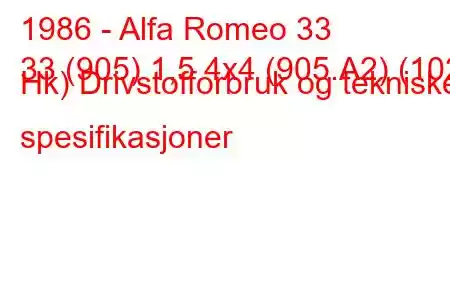 1986 - Alfa Romeo 33
33 (905) 1,5 4x4 (905.A2) (102 Hk) Drivstofforbruk og tekniske spesifikasjoner