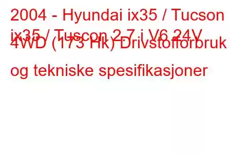 2004 - Hyundai ix35 / Tucson
ix35 / Tuscon 2.7 i V6 24V 4WD (173 Hk) Drivstofforbruk og tekniske spesifikasjoner