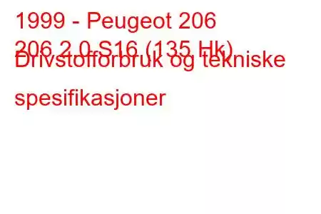 1999 - Peugeot 206
206 2.0 S16 (135 Hk) Drivstofforbruk og tekniske spesifikasjoner