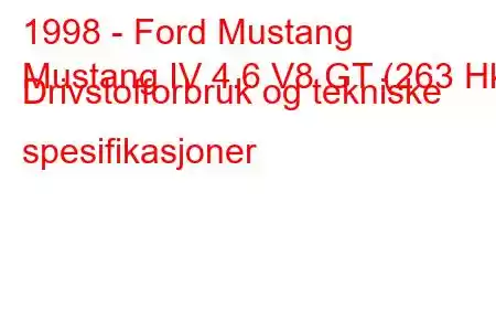 1998 - Ford Mustang
Mustang IV 4.6 V8 GT (263 Hk) Drivstofforbruk og tekniske spesifikasjoner