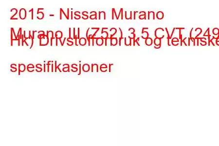 2015 - Nissan Murano
Murano III (Z52) 3,5 CVT (249 Hk) Drivstofforbruk og tekniske spesifikasjoner