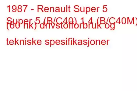 1987 - Renault Super 5
Super 5 (B/C40) 1,4 (B/C40M) (60 hk) drivstofforbruk og tekniske spesifikasjoner