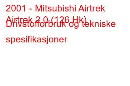 2001 - Mitsubishi Airtrek
Airtrek 2.0 (126 Hk) Drivstofforbruk og tekniske spesifikasjoner