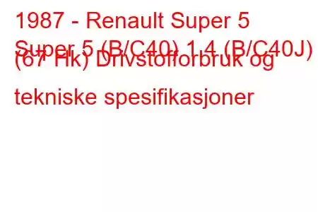 1987 - Renault Super 5
Super 5 (B/C40) 1,4 (B/C40J) (67 Hk) Drivstofforbruk og tekniske spesifikasjoner