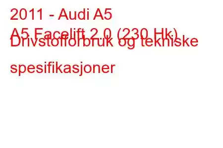 2011 - Audi A5
A5 Facelift 2.0 (230 Hk) Drivstofforbruk og tekniske spesifikasjoner