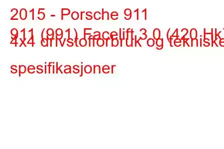 2015 - Porsche 911
911 (991) Facelift 3.0 (420 Hk) 4x4 drivstofforbruk og tekniske spesifikasjoner