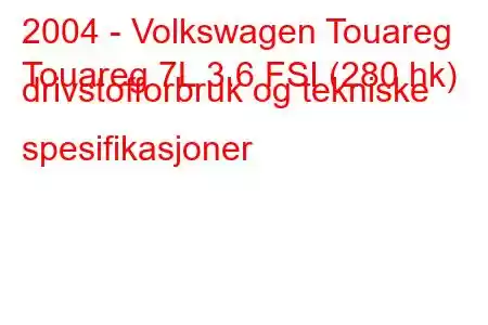 2004 - Volkswagen Touareg
Touareg 7L 3.6 FSI (280 hk) drivstofforbruk og tekniske spesifikasjoner