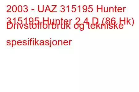 2003 - UAZ 315195 Hunter
315195 Hunter 2.4 D (86 Hk) Drivstofforbruk og tekniske spesifikasjoner