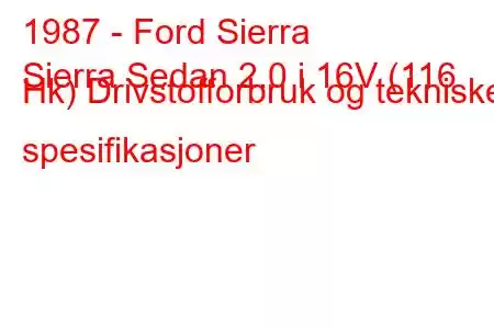 1987 - Ford Sierra
Sierra Sedan 2.0 i 16V (116 Hk) Drivstofforbruk og tekniske spesifikasjoner