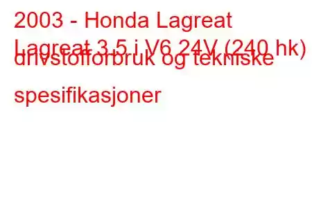 2003 - Honda Lagreat
Lagreat 3.5 i V6 24V (240 hk) drivstofforbruk og tekniske spesifikasjoner