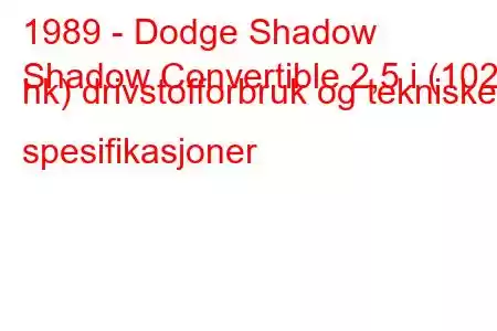 1989 - Dodge Shadow
Shadow Convertible 2,5 i (102 hk) drivstofforbruk og tekniske spesifikasjoner