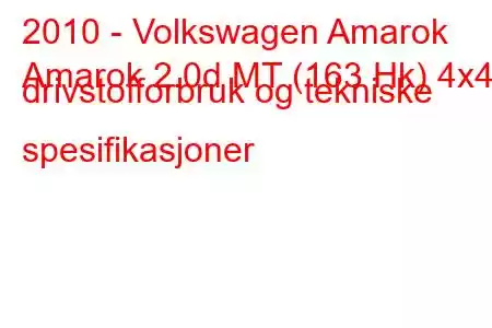 2010 - Volkswagen Amarok
Amarok 2.0d MT (163 Hk) 4x4 drivstofforbruk og tekniske spesifikasjoner