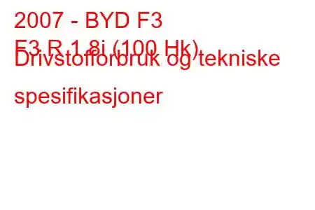 2007 - BYD F3
F3 R 1.8i (100 Hk) Drivstofforbruk og tekniske spesifikasjoner