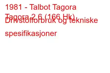 1981 - Talbot Tagora
Tagora 2.6 (166 Hk) Drivstofforbruk og tekniske spesifikasjoner