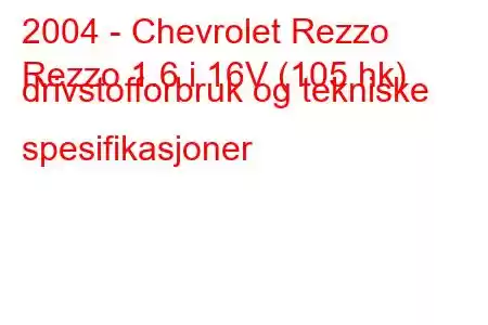 2004 - Chevrolet Rezzo
Rezzo 1.6 i 16V (105 hk) drivstofforbruk og tekniske spesifikasjoner