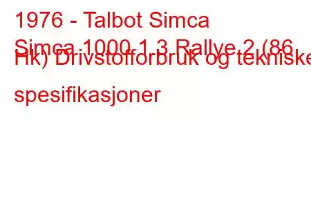 1976 - Talbot Simca
Simca 1000 1.3 Rallye 2 (86 Hk) Drivstofforbruk og tekniske spesifikasjoner