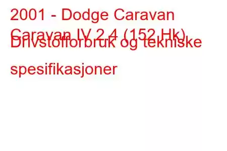 2001 - Dodge Caravan
Caravan IV 2.4 (152 Hk) Drivstofforbruk og tekniske spesifikasjoner