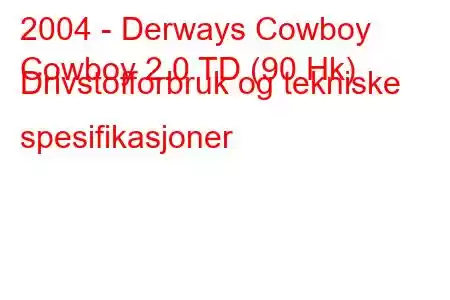 2004 - Derways Cowboy
Cowboy 2.0 TD (90 Hk) Drivstofforbruk og tekniske spesifikasjoner