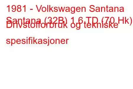 1981 - Volkswagen Santana
Santana (32B) 1,6 TD (70 Hk) Drivstofforbruk og tekniske spesifikasjoner