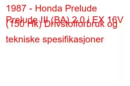 1987 - Honda Prelude
Prelude III (BA) 2.0 i EX 16V (150 Hk) Drivstofforbruk og tekniske spesifikasjoner