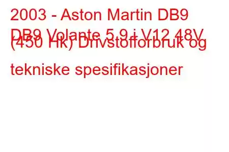 2003 - Aston Martin DB9
DB9 Volante 5.9 i V12 48V (450 Hk) Drivstofforbruk og tekniske spesifikasjoner