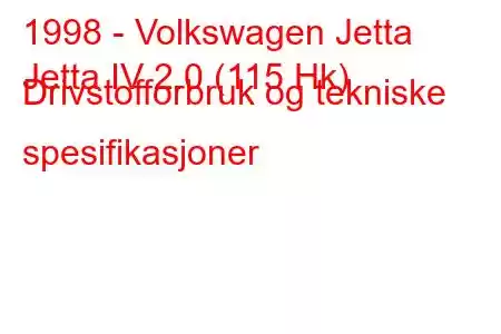 1998 - Volkswagen Jetta
Jetta IV 2.0 (115 Hk) Drivstofforbruk og tekniske spesifikasjoner