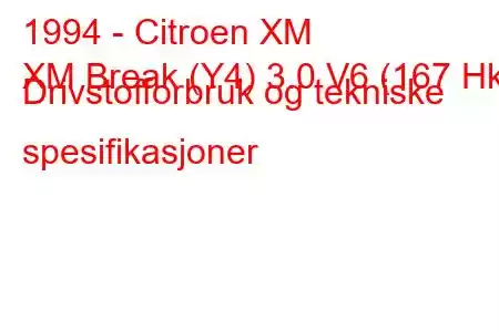 1994 - Citroen XM
XM Break (Y4) 3.0 V6 (167 Hk) Drivstofforbruk og tekniske spesifikasjoner