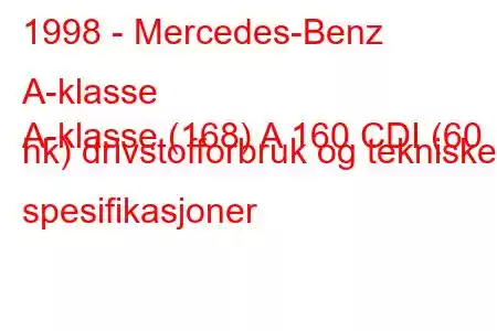 1998 - Mercedes-Benz A-klasse
A-klasse (168) A 160 CDI (60 hk) drivstofforbruk og tekniske spesifikasjoner