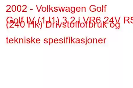 2002 - Volkswagen Golf
Golf IV (1J1) 3.2 i VR6 24V RSI (240 Hk) Drivstofforbruk og tekniske spesifikasjoner