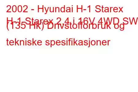 2002 - Hyundai H-1 Starex
H-1 Starex 2.4 i 16V 4WD SWB (135 Hk) Drivstofforbruk og tekniske spesifikasjoner