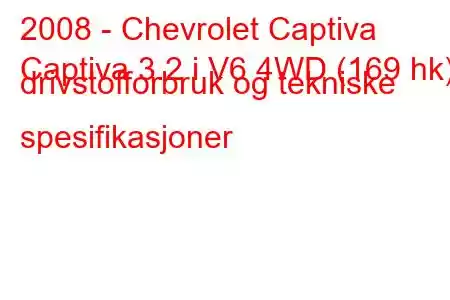 2008 - Chevrolet Captiva
Captiva 3.2 i V6 4WD (169 hk) drivstofforbruk og tekniske spesifikasjoner